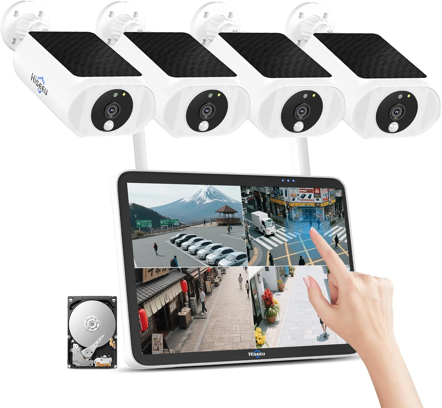 【400万画素・タッチスクリーン版・電源不要】Hiseeu ソーラーパネルカメラ セット 10インチタッチスクリーン版LCD液晶モニタ一体型NVR 8000mAh 遠隔監視 防水等級ip65 AI動体検知 屋内/屋外 セキュリティ 防犯カメラ 常時録画可能 2.4gのルーターに対応可能 (400万画素カメラ4台+10インタッチスクリーン版液晶一体型NVR+1TBHDD内蔵)