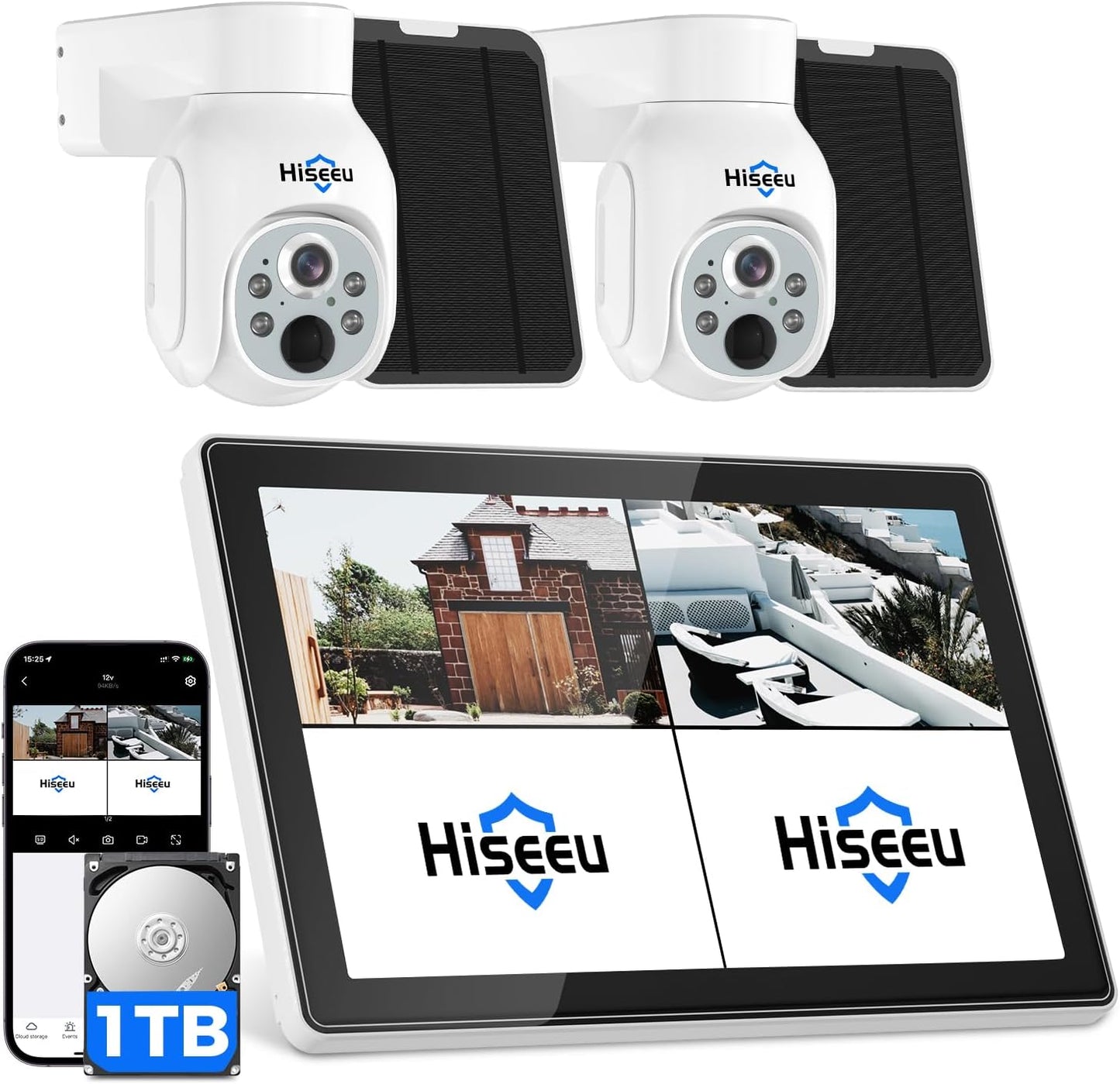 【400万画素・電源不要】Hiseeu ソーラーパネルカメラ セット 10インチLCD液晶モニタ一体型NVR 8000mAh 遠隔監視 防水等級ip65 AI動体検知 屋内/屋外 セキュリティ 防犯カメラ 常時録画可能 2.4gのルーターに対応可能 (400万画素カメラ+10イン液晶一体型NVR+1TBHDD内蔵)