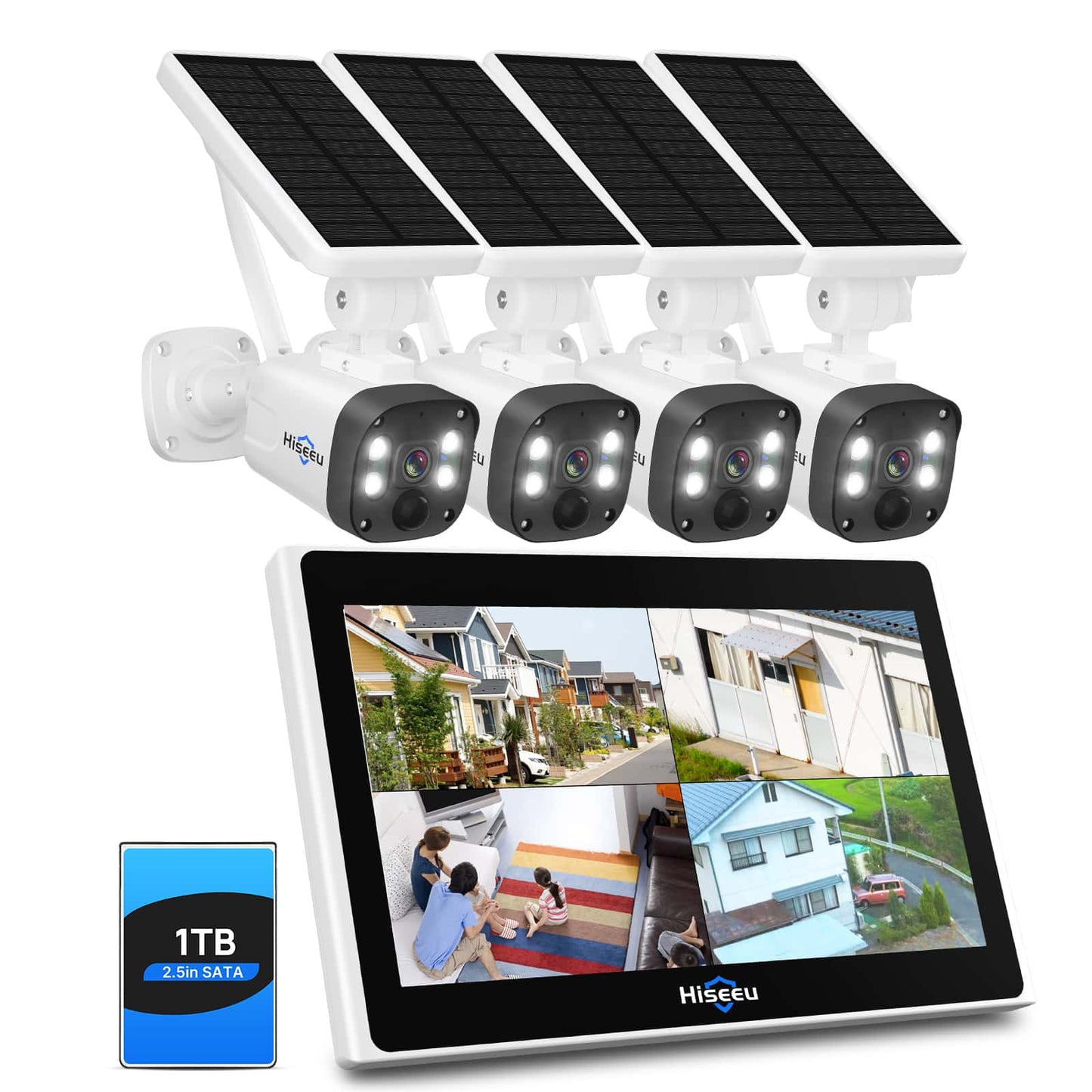 【翌日到着・400万画素・360° PTZ機能搭載・電源不要】Hiseeu ソーラーパネルカメラ セット 10インチLCD液晶モニタ一体型NVR 8000mAh 遠隔監視 防水等級ip66 AI動体検知 屋内/屋外 セキュリティ 防犯カメラ 常時録画可能 (400万画素カメラ4台+10イン液晶一体型NVR+1TBHDD内蔵)