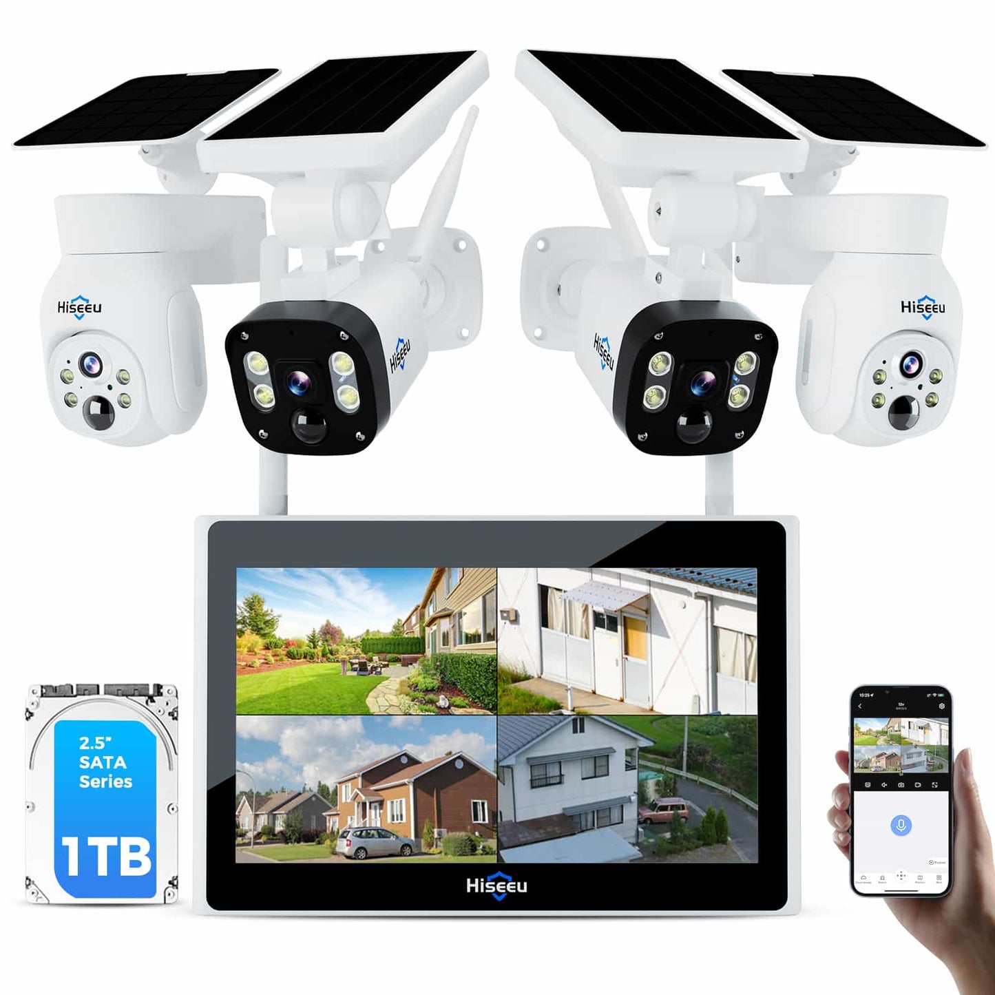 【400万画素・360° PTZ機能搭載・電源不要】Hiseeu ソーラーパネルカメラ セット 10インチLCD液晶モニタ一体型NVR 8000mAh 遠隔監視 防水等級ip66 AI動体検知 屋内/屋外 セキュリティ 防犯カメラ 常時録画可能 (400万画素カメラ4台+10イン液晶一体型NVR+1TBHDD内蔵)