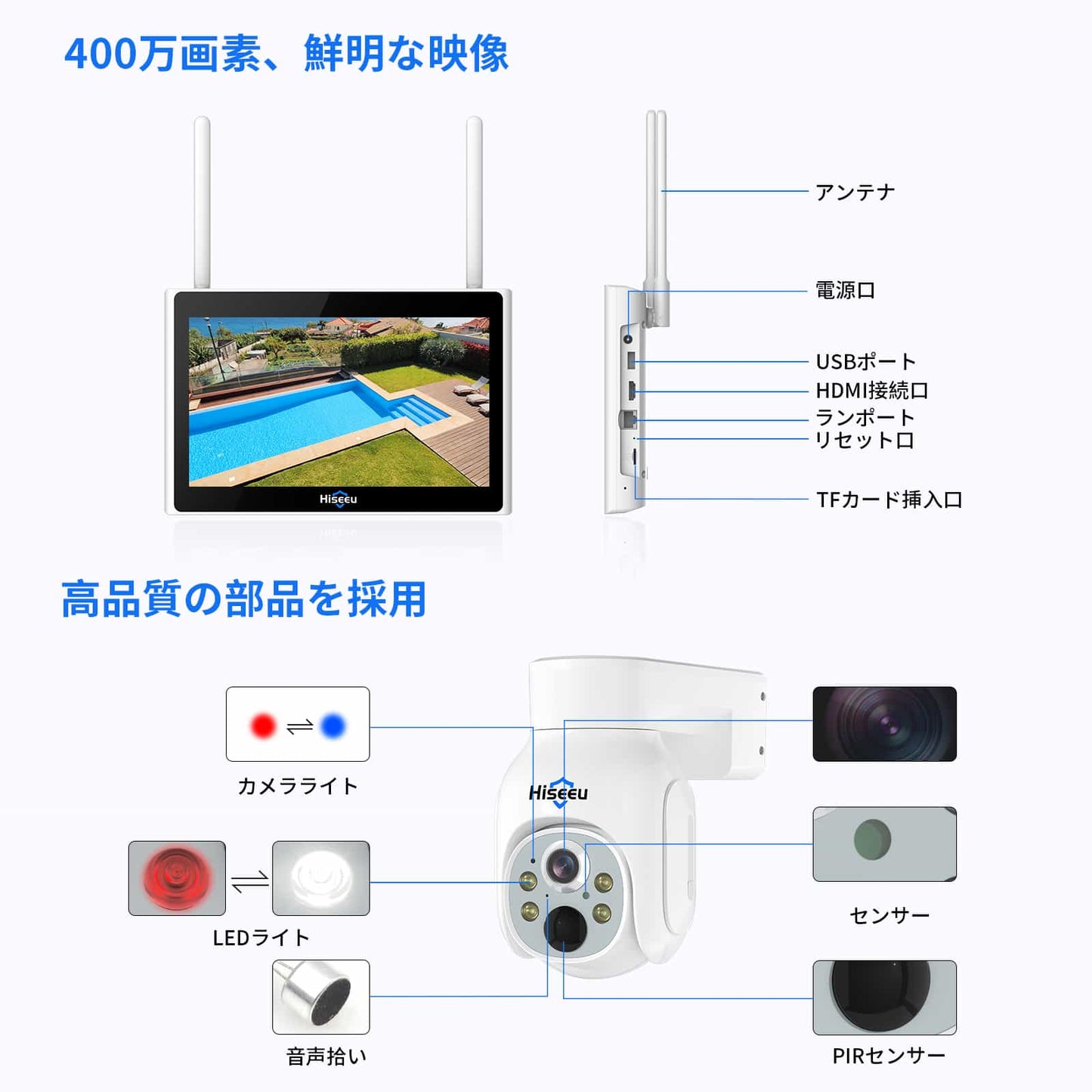 【400万画素・電源不要】Hiseeu ソーラーパネルカメラ セット 10インチLCD液晶モニタ一体型NVR 8000mAh 遠隔監視 防水等級ip65 AI動体検知 屋内/屋外 セキュリティ 防犯カメラ 常時録画可能 2.4gのルーターに対応可能 (400万画素カメラ4台+10イン液晶一体型NVR+1TBHDD内蔵)