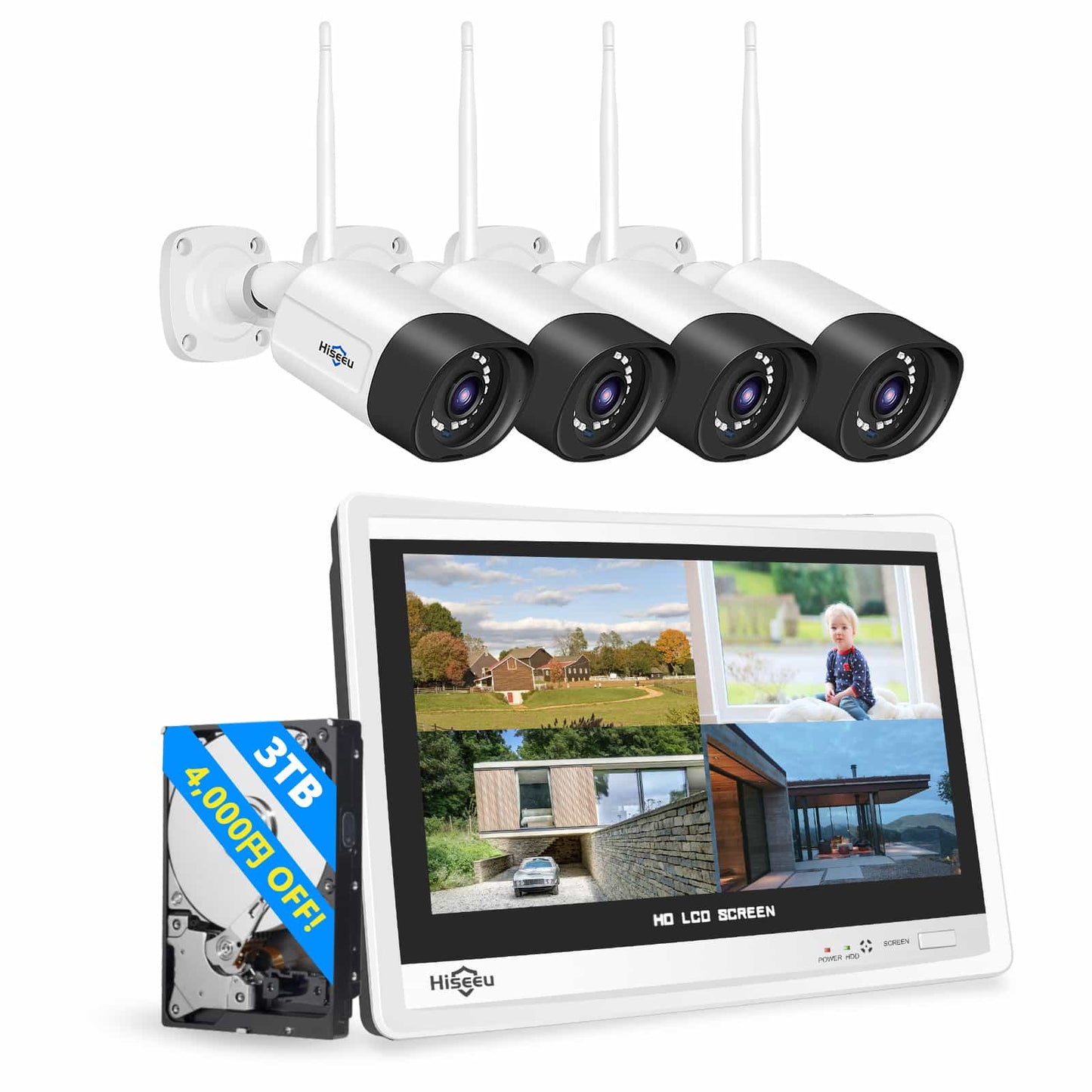 【500万画素・双方向の音声・3TB HDD内蔵 】防犯カメラ ワイヤレスHiseeu 12インチLCD液晶モニタ一体型NVR 1920P 500万画素ワイヤレスカメラ4台セット 10チャンネルまで増設可 遠隔監視 防水等級ip66 AI動体検知 屋内/屋外 セキュリティ (カメラ4台+12インチ液晶一体型NVR 3TBHDD内蔵)