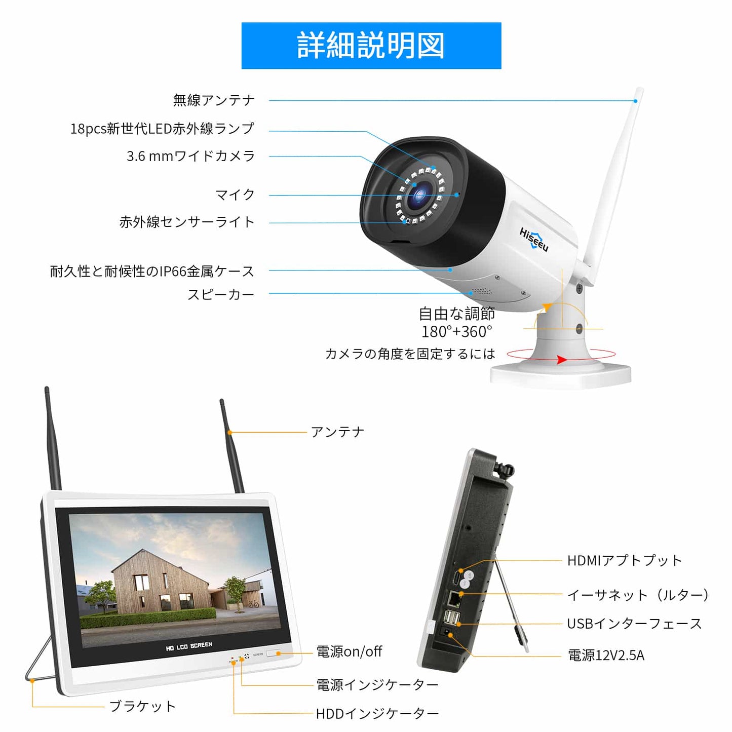 【500万画素・双方向の音声・3TB HDD内蔵 】防犯カメラ ワイヤレスHiseeu 12インチLCD液晶モニタ一体型NVR 1920P 500万画素ワイヤレスカメラ4台セット 10チャンネルまで増設可 遠隔監視 防水等級ip66 AI動体検知 屋内/屋外 セキュリティ (カメラ4台+12インチ液晶一体型NVR 3TBHDD内蔵)