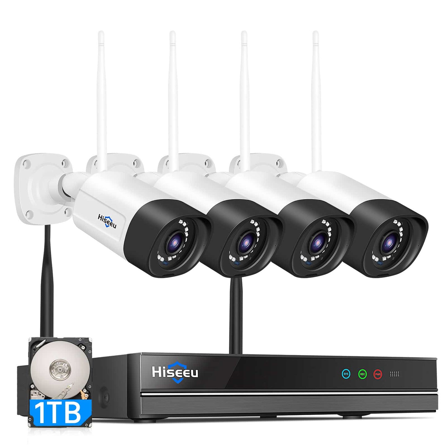 【ワイヤレス プロ・100メートル伝送距離】防犯カメラ ワイヤレスHiseeu 一体型NVR 1920P 500万画素 4台セット 1TBHDD内蔵 10チャンネルまで増設可 遠隔監視 双方向音声 防水等級ip66 AI動体検知 屋内/屋外 セキュリティ (カメラ4台+一体型NVR 1TBHDD内蔵)