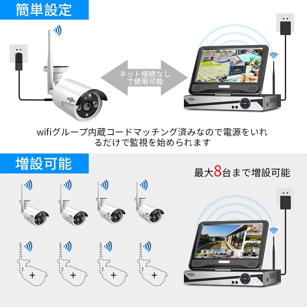 500万画素対応】ワイヤレス防犯カメラセット Hiseeu 屋外セキュリティカメラ 10.1イン NVR 10チャンネルまで増設可 カメラ4台 300万画素カメラ 遠隔監視 防水等級ip66 動態検知 屋内/屋外 防犯カメラ (300万画素カメラ4台+10チャンネル500万画素対応の録画機+1TB HDD)