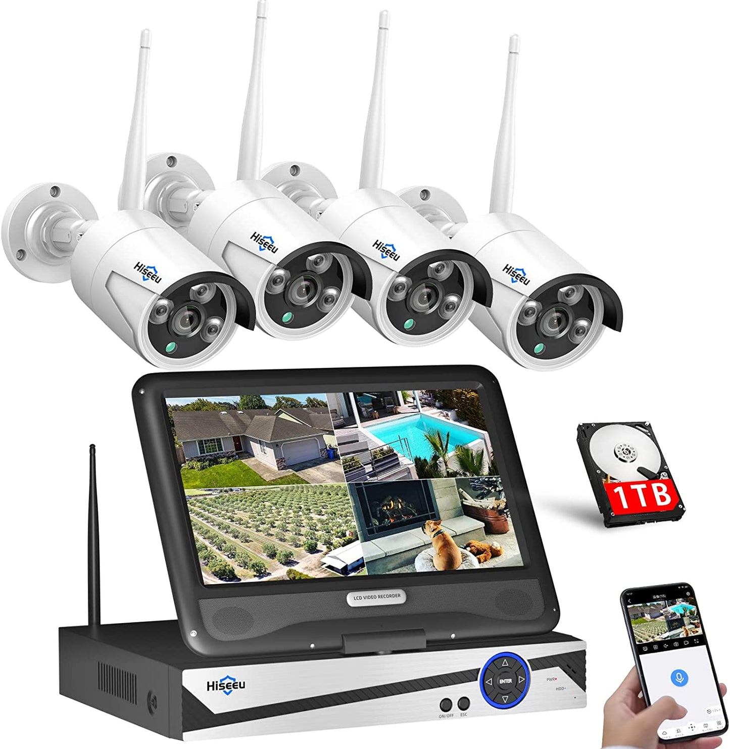 500万画素対応】ワイヤレス防犯カメラセット Hiseeu 屋外セキュリティカメラ 10.1イン NVR 10チャンネルまで増設可 カメラ4台 300万画素カメラ 遠隔監視 防水等級ip66 動態検知 屋内/屋外 防犯カメラ (300万画素カメラ4台+10チャンネル500万画素対応の録画機+1TB HDD)