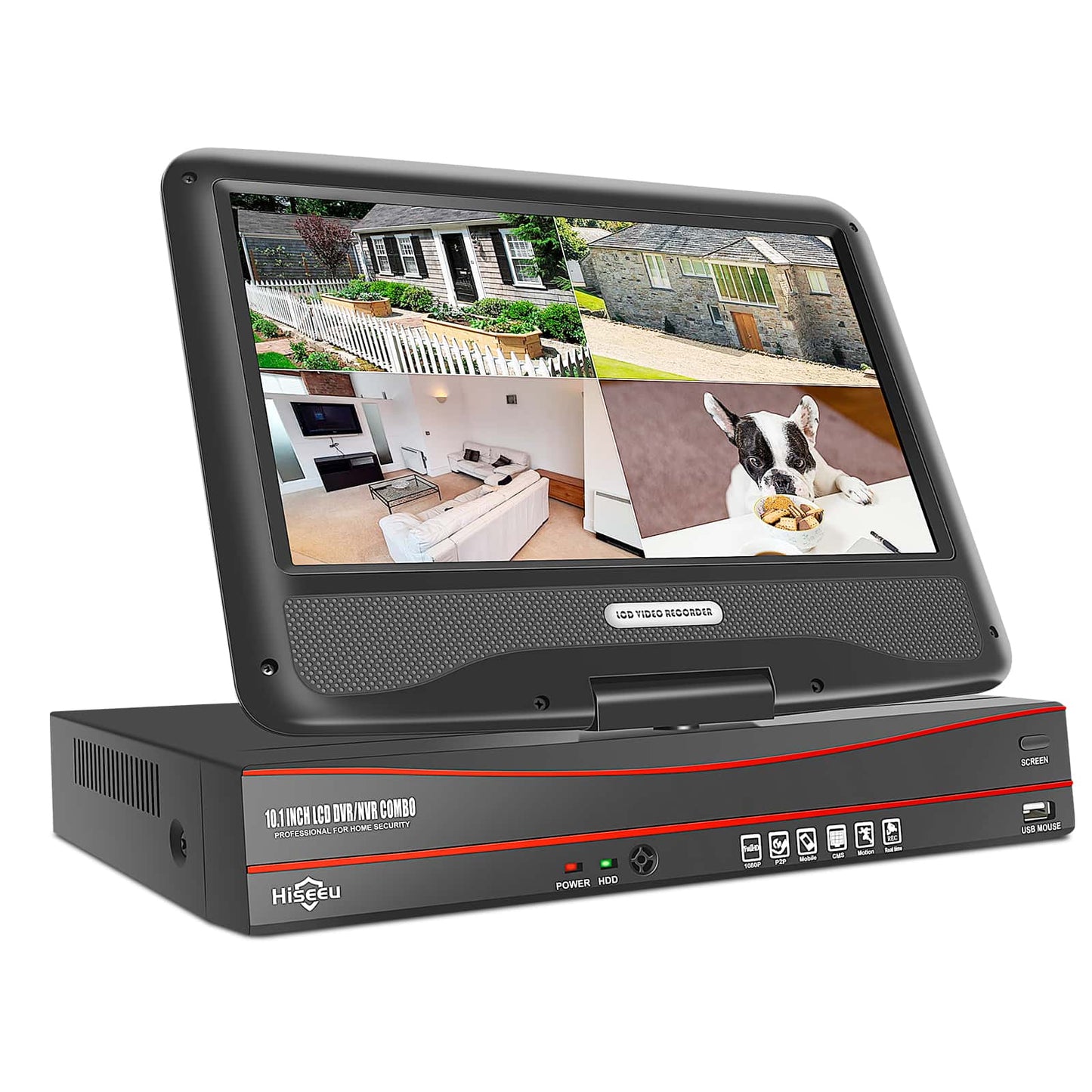 【POE録画機 】Hiseeu製NVR　 poe給電 屋外 有線 監視カメラ 10インチモニター付きNVR 双方向音声 屋内外対応 暗視撮影 動体検知 常時録画 スマホ/パソコン遠隔監視 アプリ通知 監視カメラ・Poe録画機 （電源あり）