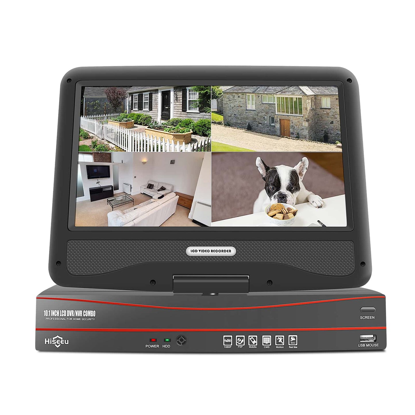 【POE録画機 】Hiseeu製NVR　 poe給電 屋外 有線 監視カメラ 10インチモニター付きNVR 双方向音声 屋内外対応 暗視撮影 動体検知 常時録画 スマホ/パソコン遠隔監視 アプリ通知 監視カメラ・Poe録画機 （電源あり）