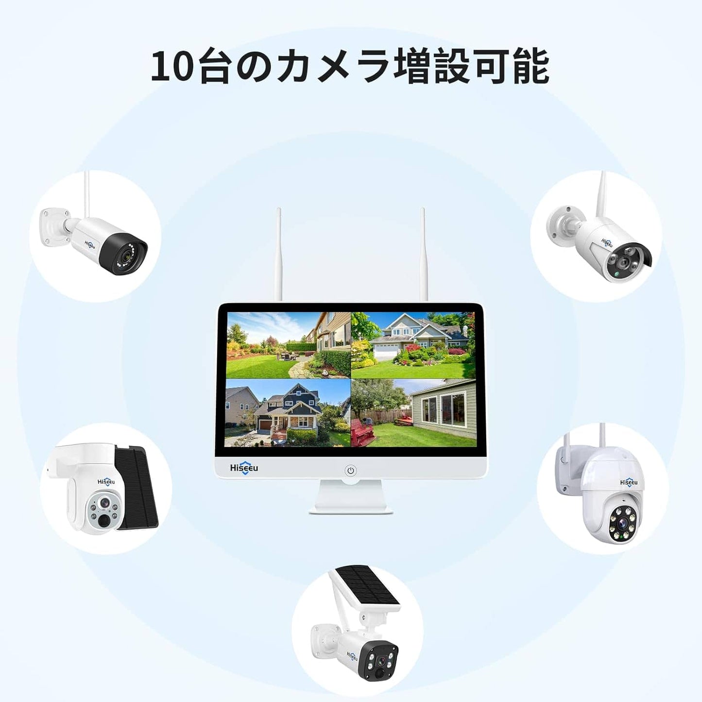 15 インチ LCD NVR 10 チャンネル 1944P/500万画素モーション検出ゾーン 内蔵スピーカー 24/7録画 電源ケーブルとHDDは含まれません Hiseeu ワイヤレスカメラ対応