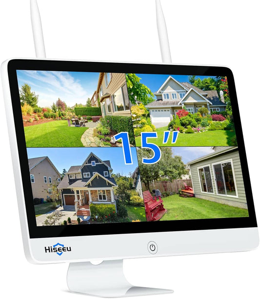 15 インチ LCD NVR 10 チャンネル 1944P/500万画素モーション検出ゾーン 内蔵スピーカー 24/7録画 電源ケーブルとHDDは含まれません Hiseeu ワイヤレスカメラ対応