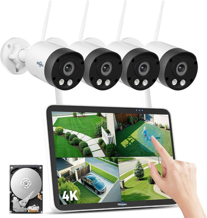 【800万画素・タッチスクリーン版 】防犯対策助成金あり 防犯カメラ ワイヤレスHiseeu 10.1インチLCD液晶モニタ一体型NVR 4K 800万画素ワイヤレスカメラ4台セット 10チャンネルまで増設可 遠隔監視 防水等級ip66 AI動体検知 屋内/屋外 セキュリティ (カメラ4台＋10インチ液晶一体型NVR 1TBHDD内蔵)