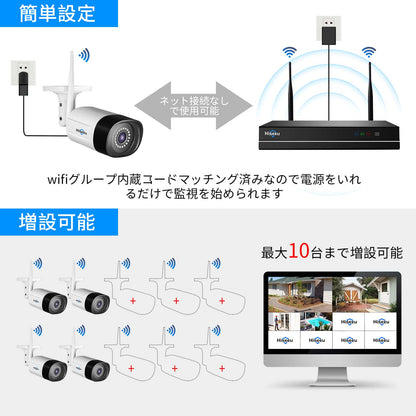 【ワイヤレス プロ・100メートル伝送距離】防犯カメラ ワイヤレスHiseeu 一体型NVR 1920P 500万画素 4台セット 1TBHDD内蔵 10チャンネルまで増設可 遠隔監視 双方向音声 防水等級ip66 AI動体検知 屋内/屋外 セキュリティ (カメラ4台＋一体型NVR 1TBHDD内蔵)