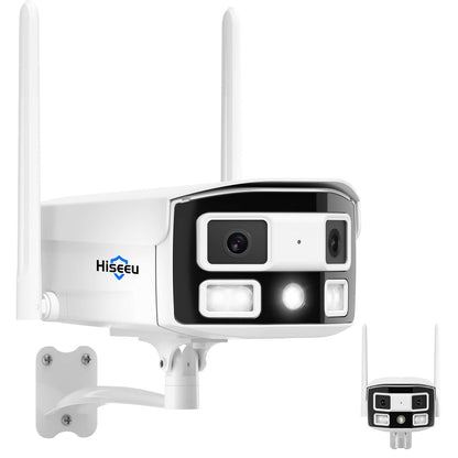 【180° 超広角・スターライトカメラ 】 Hiseeu 防犯カメラ 400万画素 超広角デュアルレンズ WiFi Pro 屋外無線セキュリティカメラ 2.4/5 GHz ブラックライトナイトビュー 双方向音声 IP 66防水 AI動体検知 屋内/屋外 セキュリティ