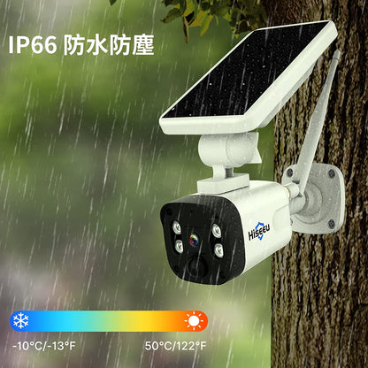 【ソーラーパネル付き電池式カメラ】Hiseeu防犯カメラ ワイヤレス　5200mAh 充電式監視カメラ ４００万画素　IP66防水 屋外対応　NVR増設できる ネットワークカメラ 完全無線 電源不要 USB充電 ソーラーパネル 充電可能 双方向音声通話 PIR人体感知 暗視撮影 アプリ警報 太陽光監視カメラ（屋外用スタンド付きの電池カメラ＋ソーラーパネル+日本語説明書）