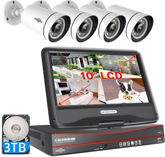 【500万画素・POE有線接続】Hiseeu防犯カメラ poe給電 屋外 有線 監視カメラ ４台セット 10インチモニター付き 500万画素POEカメラ IP66防水 センサー発光 双方向音声 屋内外対応 暗視撮影 動体検知 常時録画 防犯カメラ セット スマホ/パソコン遠隔監視 アプリ通知 監視カメラ・録画機セット （カメラ4台＋モニター付きNVR本体＋3TB HDD）