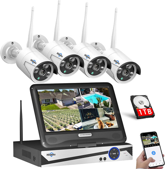 500万画素対応】ワイヤレス防犯カメラセット Hiseeu 屋外セキュリティカメラ 10.1イン NVR 10チャンネルまで増設可 カメラ4台 300万画素カメラ 遠隔監視 防水等級ip66 動態検知 屋内/屋外 防犯カメラ (300万画素カメラ4台＋10チャンネル500万画素対応の録画機＋1TB HDD)